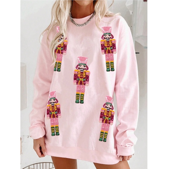 Pink Sweatshirt Sequined Nutcracker Appliqué Christmas Holiday - Picture 2 of 12